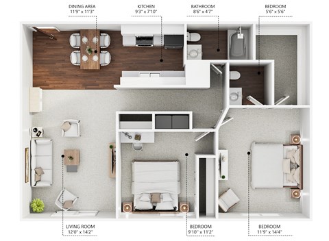 Floor plan for 2 beds, 1.5 baths, 988 sqft